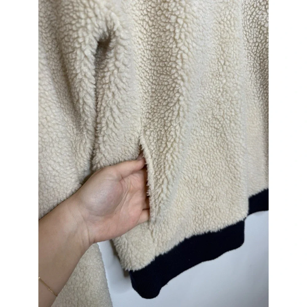 J Crew Authentic Fleece 1/4 Snap Button Pullover Jacket Men Small Cream Faux Fur